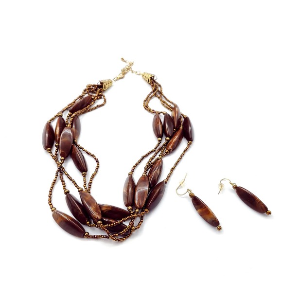 Necklace Earrings Set Brown Strands Beaded - Picture 1 of 5